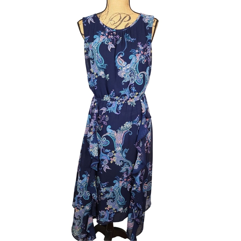 ROZ & ALI Size 12 Blue Paisley Hi-Low Sleeveless Chiffon Day to Night Work Dress
